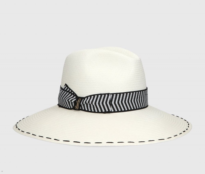 Chapeaux De Paille Borsalino Sophie Panama Fine Chevron Hat Band Blanche Noir | VSZ-80356305