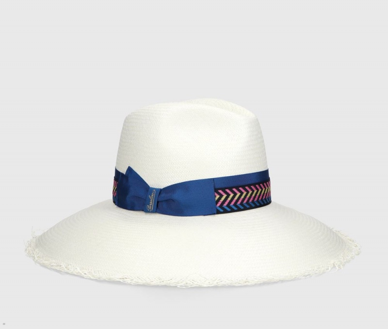 Chapeaux De Paille Borsalino Sophie Panama Fine Fringed Larges Brim Blanche Bleu Marine | EEO-08441785