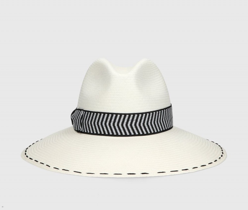 Chapeaux De Paille Borsalino Sophie Panama Fine Chevron Hat Band Blanche Noir | VSZ-80356305