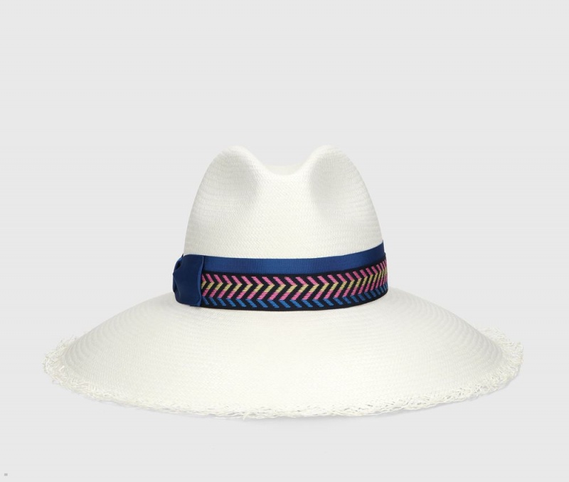 Chapeaux De Paille Borsalino Sophie Panama Fine Fringed Larges Brim Blanche Bleu Marine | EEO-08441785