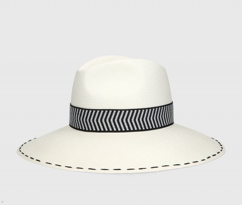 Chapeaux De Paille Borsalino Sophie Panama Fine Chevron Hat Band Blanche Noir | VSZ-80356305