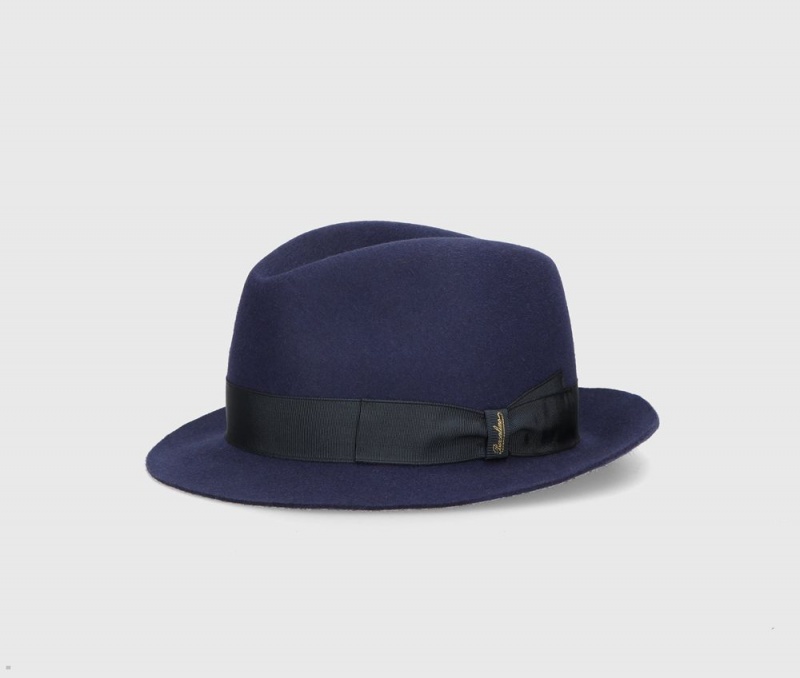 Chapeau Feutre Borsalino Trilby Brushed Small Brim Bleu Marine | YRA-79479469