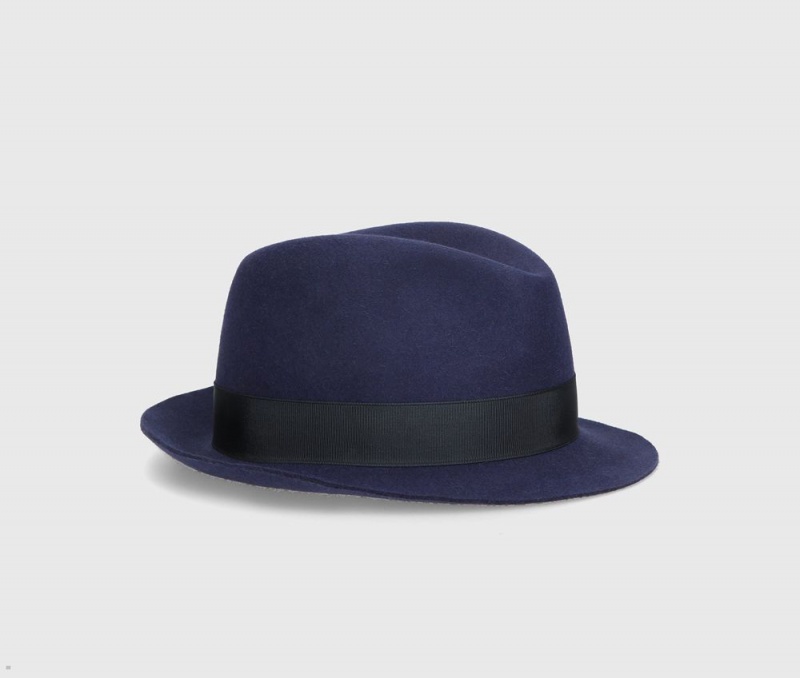 Chapeau Feutre Borsalino Trilby Brushed Small Brim Bleu Marine | YRA-79479469